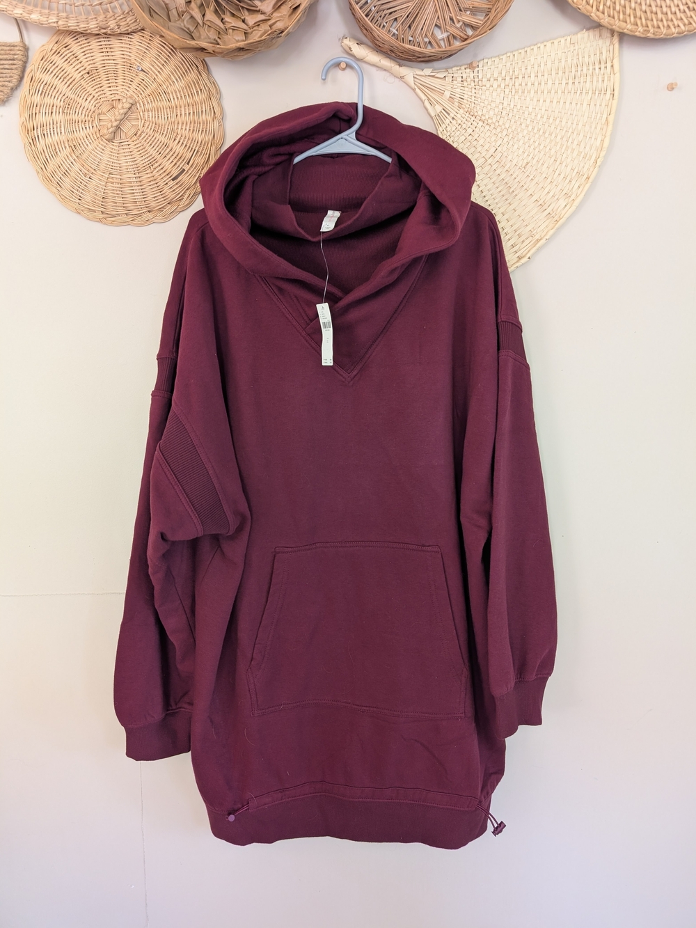 Anthropologie Daily Practice Oversized V-Neck Tunic Hoodie Burgundy Cinch Hem XL
